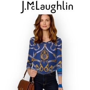 J McLaughlin Catalina Blue Gold Chainlink Stretch Top Small 3/4 Sleeve Classic